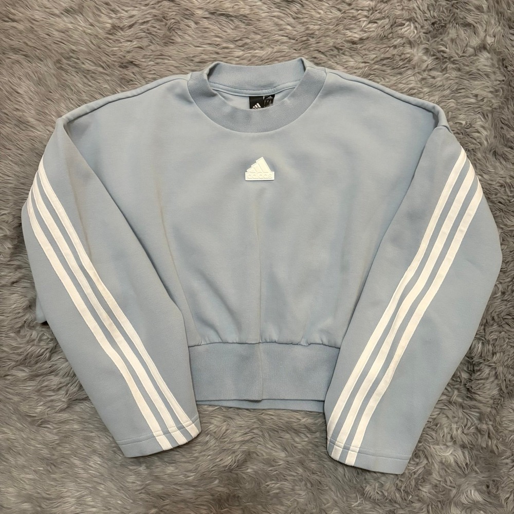 Adidas Cropped‎ Sweatshirt Light Pale Blue White Stripe Drifit Women's XS